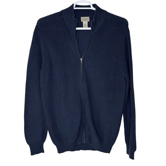 Vintage LL Bean Men's Large Tall Sweater Cardigan Full Zip Navy Blue Knit Cotton - Picture 1 of 3